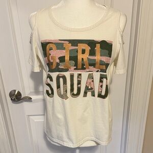 Justice 18/20 ‘Girl Squad’ open shoulder Tee - White, Green, Pink, & Rose Gold.